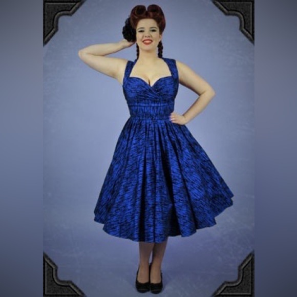 Laura Byrne Blue Flocked Vintage Fit Flare Retro Swing Dress Prom Wedding Formal - Picture 5 of 15